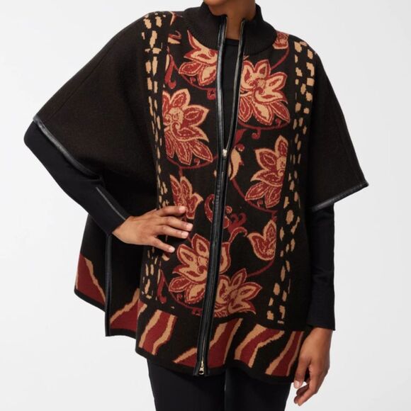 Chico’s Ruana Front Zip Sweater Knit Poncho Cape Cardigan Black Fall Floral S M - Picture 1 of 16